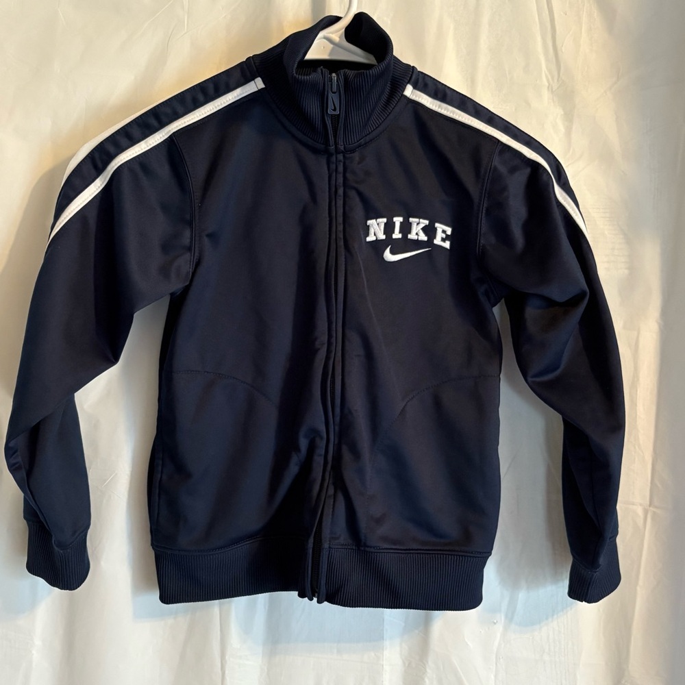 Nike Jacket Youth Size 6 Navy White Zip Up Striped Sleeves Athleisure Sporty